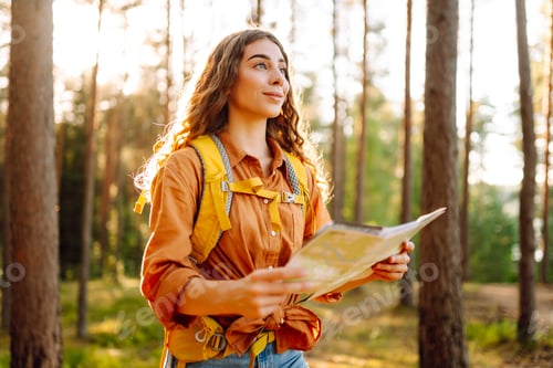 Preview: A traveler woman stands in a lush forest, examining a map with a focused expression