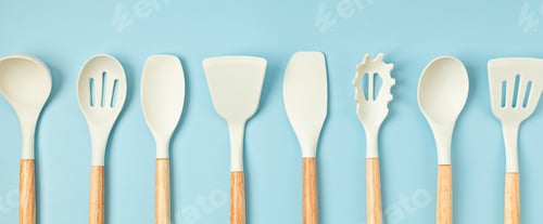 Preview: Pastel color kitchen utensils top view.