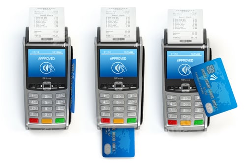 Preview: POS terminal with credit card with different types of using isolated on white.