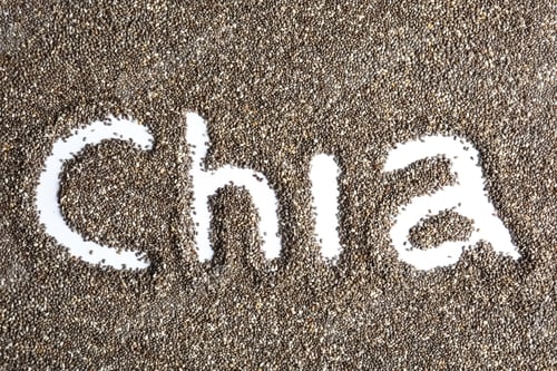 Preview: Word CHIA written in seeds on white background, top view