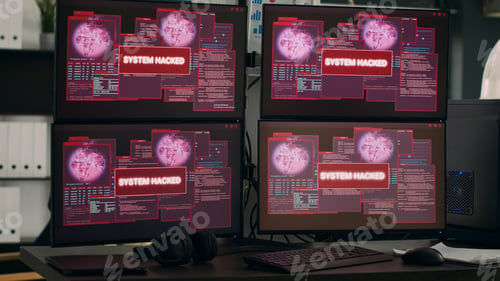 Preview: Multiple monitors displaying hacking warning alert after security breach