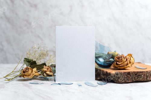 Preview: Blank card and wilted flowers on marble background