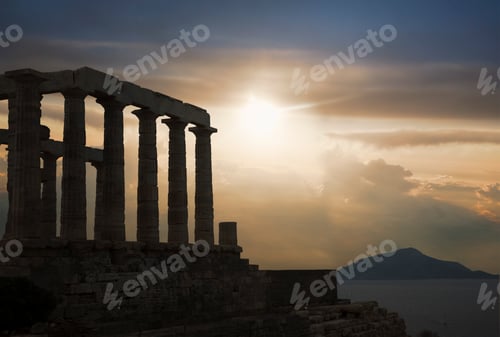 Preview: Silhouetted Temple of Poseidon at sunset, Cape Sounion, Athens, Greece