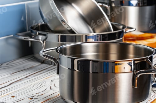 Preview: Set of aluminum cookware on kitchen counter