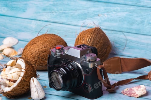 Preview: camera,coconuts and shells on a blue wooden background.Marine theme