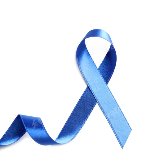 Preview: Blue ribbon on white background, top view. Cancer awareness