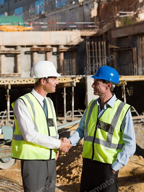 Preview: Two construction workers shaking hands on a building site