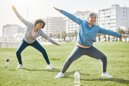 Preview: Women, senior and stretching in park, fitness and wellness with flexibility and start workout outdo