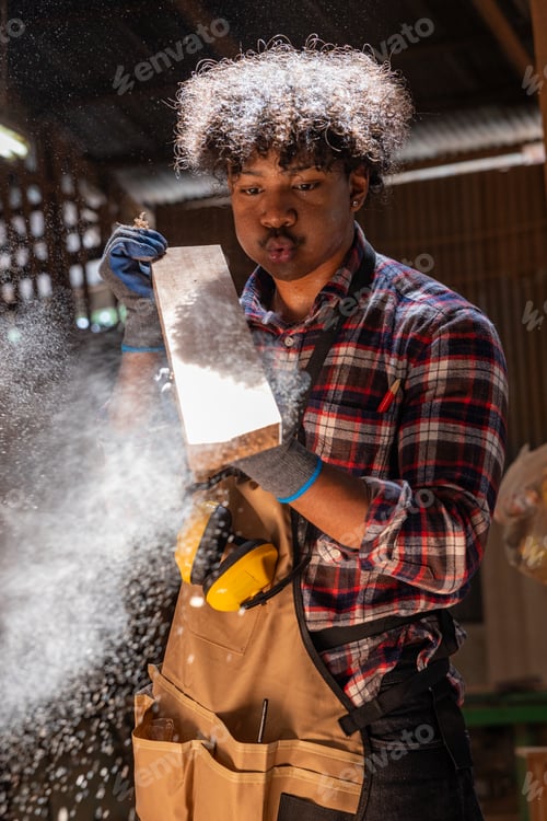 Preview: Woodworker blowing sawdust off plank