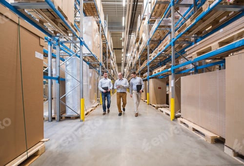 Preview: Three men walking in factory warehouse