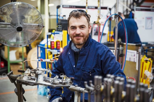 Preview: A man, a skilled factory worker seated at a work bench beside a large metal fan.
