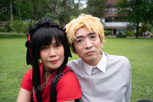Preview: Cosplayers posing together in a park