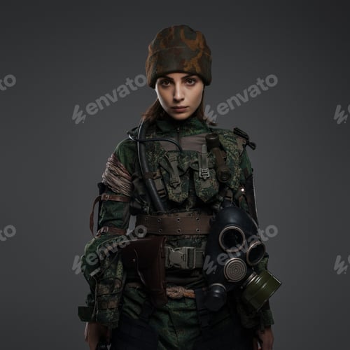 Preview: Portrait of a woman in military attire against a gray background
