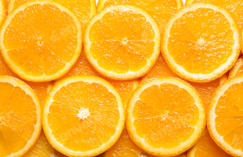 Preview: Juicy orange slices as background, top view. Citrus fruit