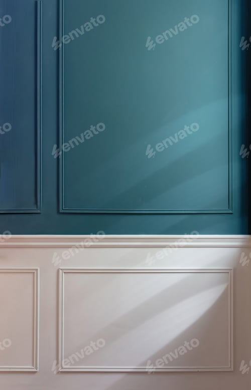 Preview: Classic wainscot wood decoration detail. Retro blue and white wall wooden panel, close up view.