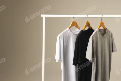 Preview: Three t shirts on hangers hanging from clothes rail and copy space on grey background