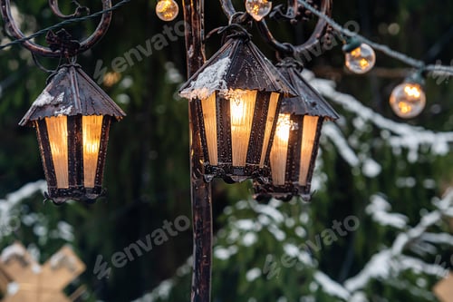 Snowy Winter Lanterns with Glowing Warm Light