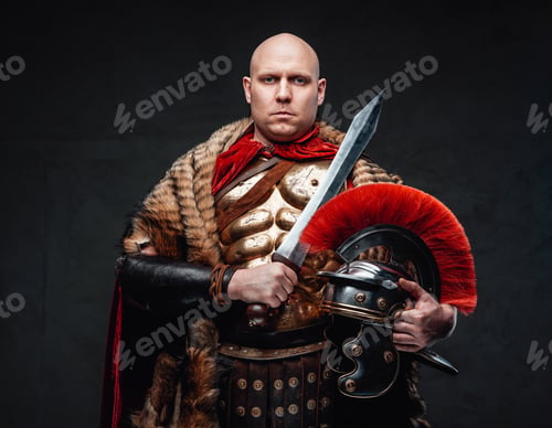 Preview: Serious roman soldier weared in fur and bronze armor