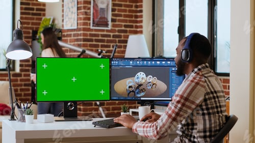 Preview: African american industrial designer works on 3D renders and isolated mockup