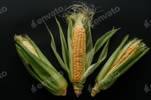 Preview: flat lay with arranged raw fresh corn cobs isolated on black