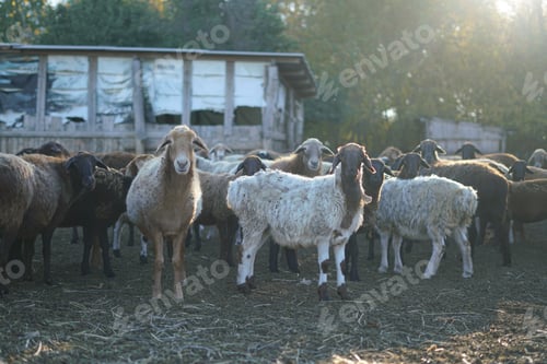 Preview: A flock of sheep enjoys the warmth of the sun in a yard, surrounded by rustic buildings and a serene