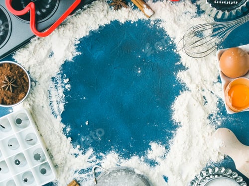 Preview: Baking flour frame on dark blue with tools ingredients