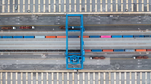 Preview: Aerial view of shipping container rail terminal, Train wagon cargo container for shipping.