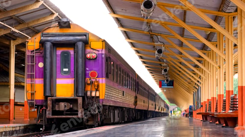 Preview: The old multicolored passenger diesel train on platform of Chiang Mai train station, Thailand
