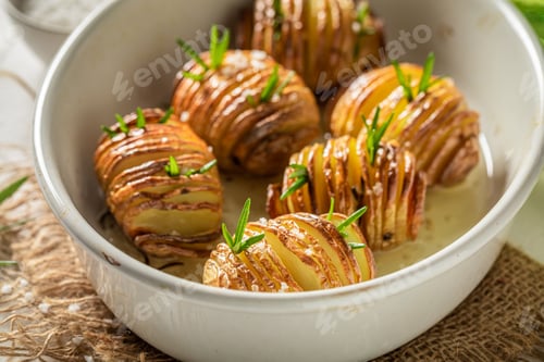 Preview: Homemade Hasselback with herbs and oil. Scandinavian cuisine.