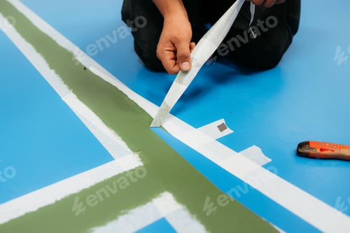 Preview: Construction worker removing masking tape from epoxy floor coating