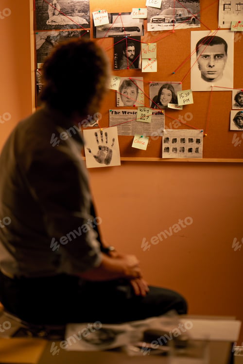 Preview: detective office middle aged investigator in shirt and tie standing near clue board for solving