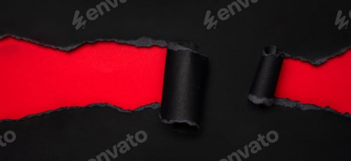 Preview: Wide red strip between torn black papers, panoramic sale banner