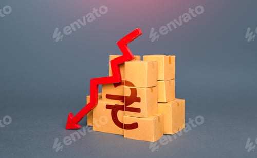 Preview: Boxes with ukrainian hryvnia symbol and arrow down.