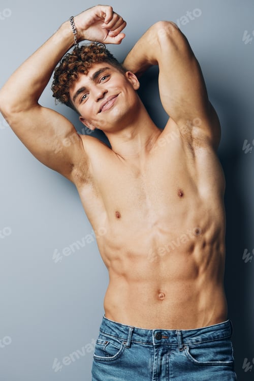 Preview: man background male sexy jeans abs fit smile person gray background attractive