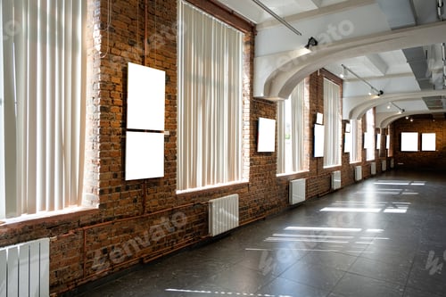 Preview: Blank picture frames on brown wall with glowing lamp, mock up
