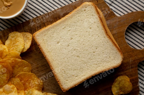Preview: Homemade American Peanut Butter Sandwich on a Wooden Board, top view. Close-up.