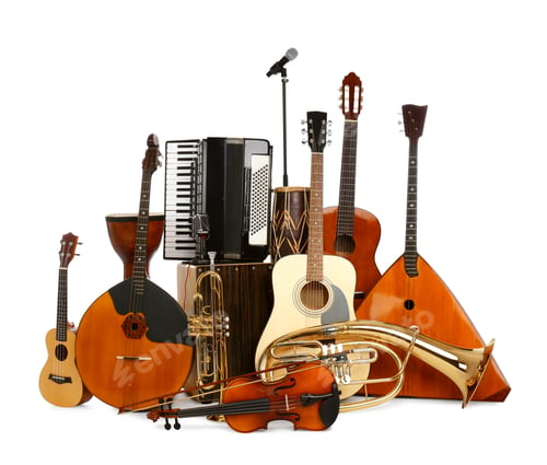 Preview: Set of different musical instruments and microphone on white background