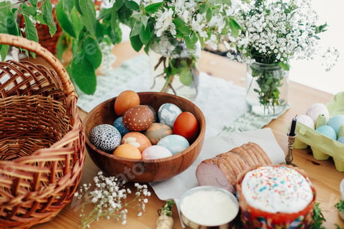 Preview: Easter modern eggs, easter bread, ham, beets, butter, green branches and flowers