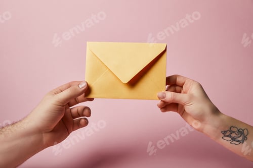 Preview: partial view of woman with tattoo and man holding yellow envelope on pink background