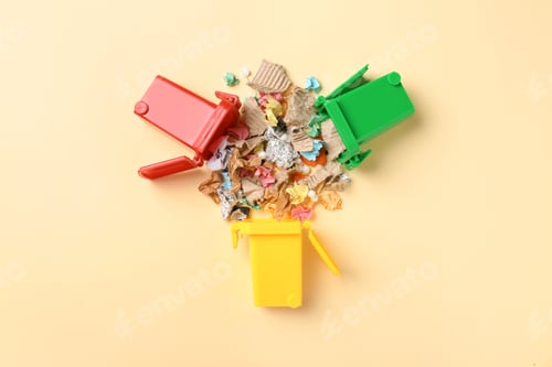 Preview: Trash bins and different garbage on color background, top view. Waste recycling concept
