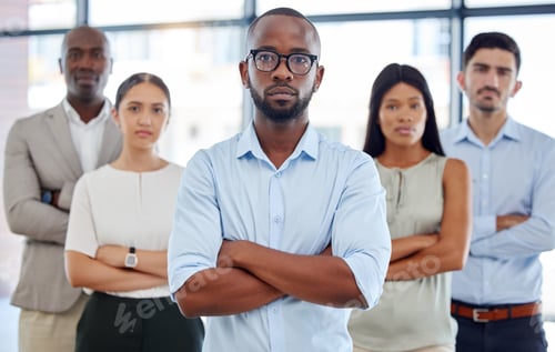 Preview: Diversity, serious and corporate team portrait with arms crossed in expert legal office workspace.