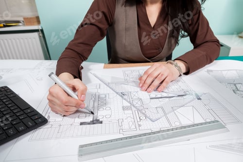 Preview: Architect woman at her table working on blueprints