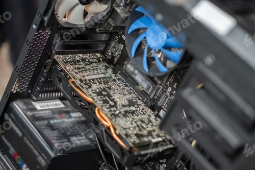 Preview: Inside view of a computer showcasing the graphics card, fans, and power supply in a well-organized