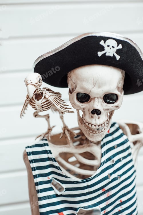 Preview: Halloween skeleton character in pirate costume with cocked hat black