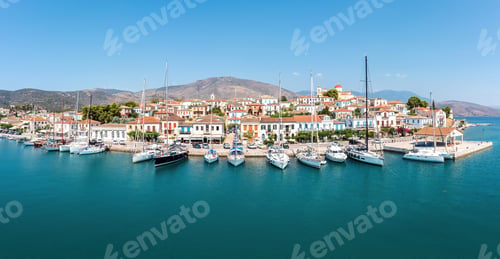 Preview: Galaxidi Greece from above, aerial drone view. Traditional town sunny day.