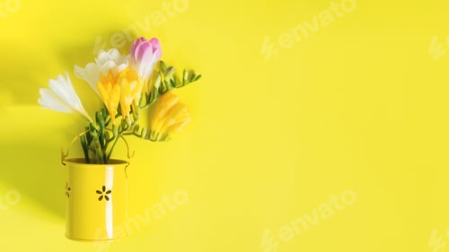 Preview: Mother's Day. Greeting card with yellow white freesia flowers on a bright yellow background.