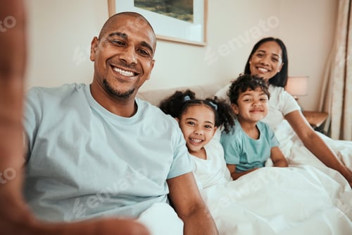 Preview: Hand, selfie and happy family in bed together for social media, profile picture or relax with mom a