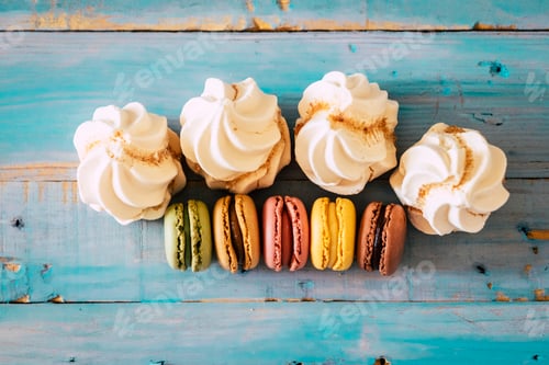 Preview: Top view of sweet cakes and macarones with sugar on a blue wooden table -