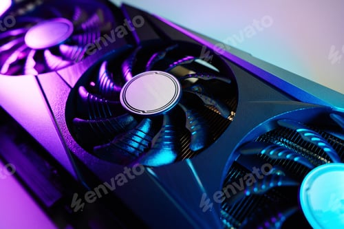Preview: Modern gaming graphics card illuminated by neon lights