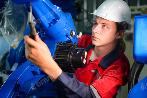 Preview: Indusrtial Robot, Engineers inspecting and check up welding robots at factory.